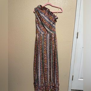 Vintage One Shoulder Maxi‎ Dress Size 12 Paisley Floral Birds Ruffle